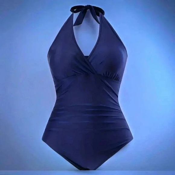🆕 Plus Size Curvy Halter One Piece Swimsuit Navy Blue 0XL Moderate Stretch - Picture 3 of 11